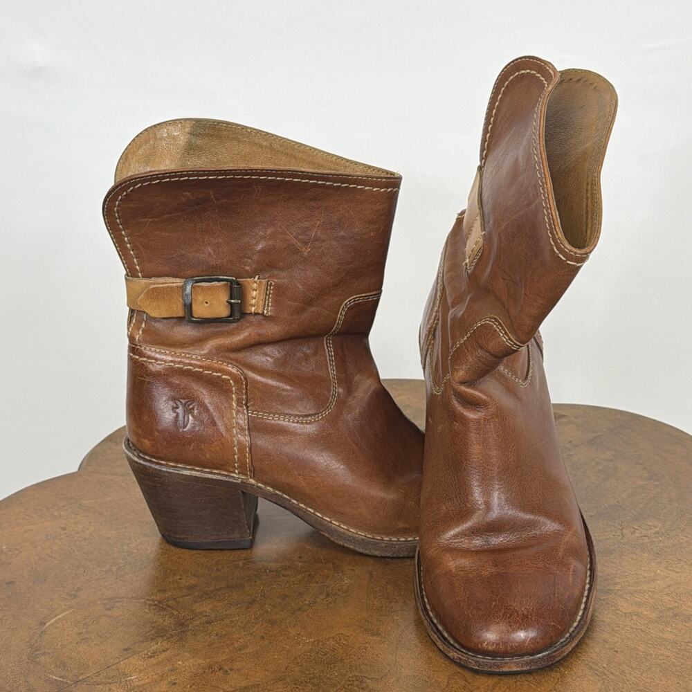 Frye Mexico Carmen Shortie Dark Brown Leather Strap Back Ankle Boots Women 6.5
